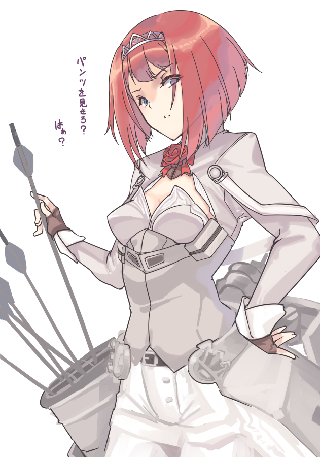 1girl ark_royal_(kantai_collection) arrow bangs blue_eyes bob_cut breasts brown_gloves cleavage cleavage_cutout corset eyebrows_visible_through_hair flower gloves holding kantai_collection long_sleeves medium_breasts nakadori_(movgnsk) pantyhose red_flower red_hair red_neckwear red_rose rigging rose scowl short_hair shorts simple_background solo tiara translation_request white_background white_corset white_legwear white_shorts