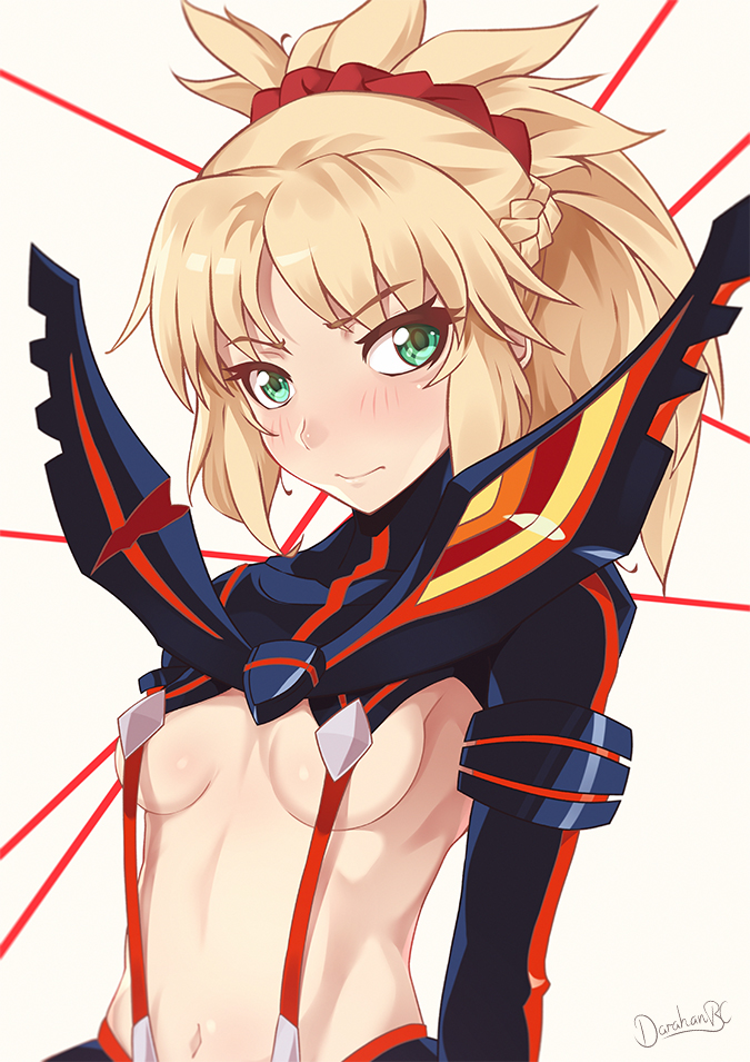 1girl artist_name blonde_hair blush braid breasts commentary cosplay darahan eyebrows_visible_through_hair fate/apocrypha fate/grand_order fate_(series) green_eyes hair_ornament hair_scrunchie kill_la_kill long_hair looking_at_viewer matoi_ryuuko matoi_ryuuko_(cosplay) midriff mordred_(fate) mordred_(fate)_(all) navel ponytail red_scrunchie revealing_clothes scrunchie smile solo suspenders upper_body