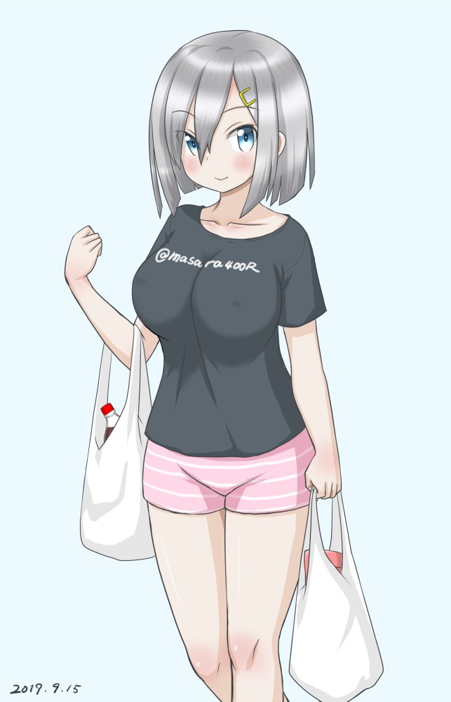 1girl alternate_costume bag black_shirt blue_background blue_eyes bottle breasts casual commentary_request dated eyes_visible_through_hair feet_out_of_frame gradient gradient_background hair_ornament hair_over_one_eye hairclip hamakaze_(kantai_collection) kantai_collection large_breasts looking_at_viewer masara_(masalucky2010) pink_shorts plastic_bag shirt short_hair short_shorts short_sleeves shorts silver_hair solo striped striped_shorts t-shirt twitter_username white_background
