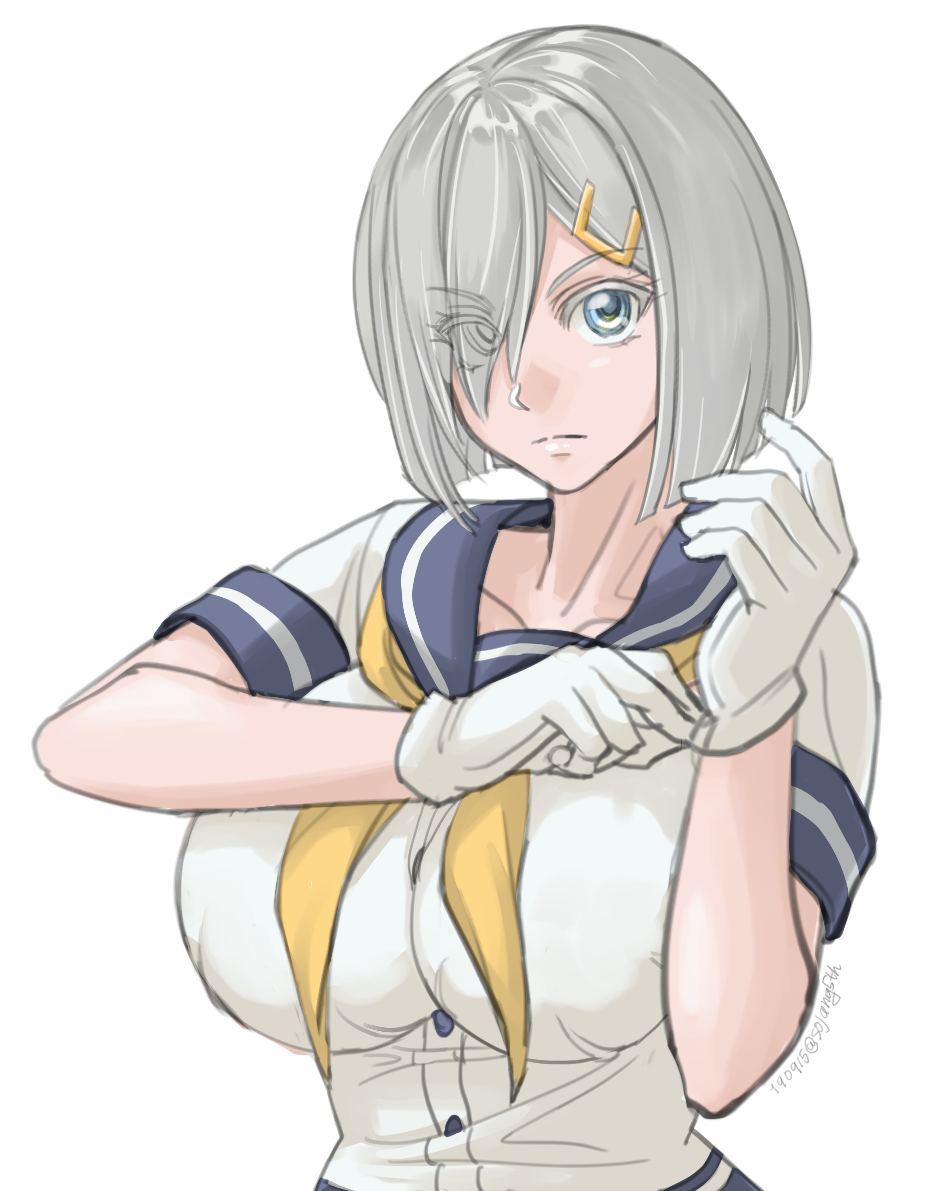 1girl blue_eyes breasts commentary_request gloves hair_ornament hair_over_one_eye hairclip hamakaze_(kantai_collection) impossible_clothes kantai_collection large_breasts looking_at_viewer neckerchief school_uniform serafuku short_hair silver_hair simple_background solo sozan white_background white_gloves yellow_neckwear
