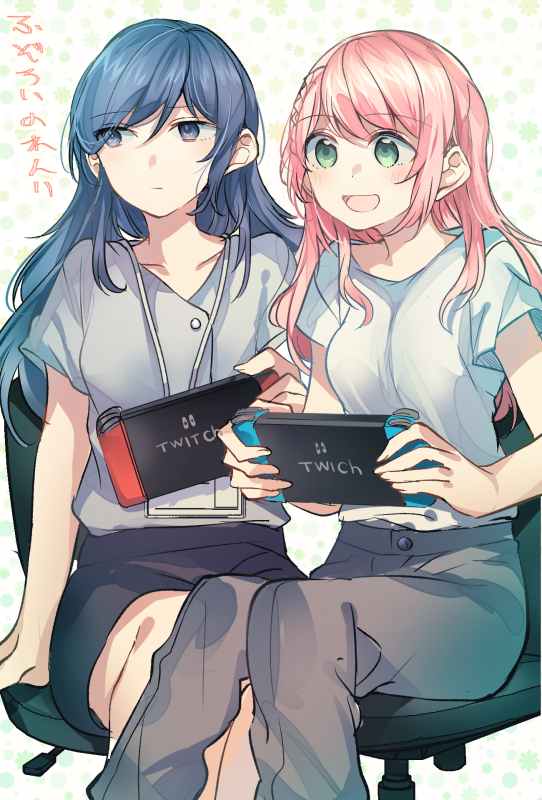 2girls :d :| bangs black_skirt blue_eyes blue_hair braid brand_name_imitation closed_mouth green_eyes grey_pants grey_shirt handheld_game_console holding_handheld_game_console lanyard long_hair mikan-uji multiple_girls nintendo nintendo_switch open_mouth original pants pencil_skirt pink_hair shirt short_sleeves sitting skirt smile swivel_chair white_shirt