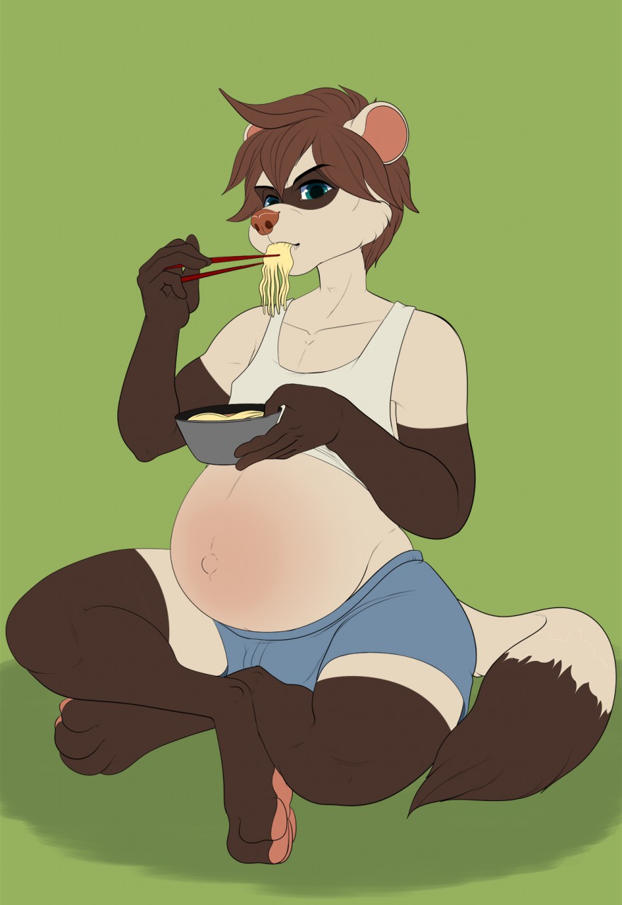 2019 angry artists belly big_belly blue_eyes bottomwear bulge chopsticks clothing domestic_ferret eating food hi_res looking_at_viewer male_pregnancy mammal mustela mustelid musteline noodles pregnant pregoo shirt shorts sitting tank_top topwear zlash88