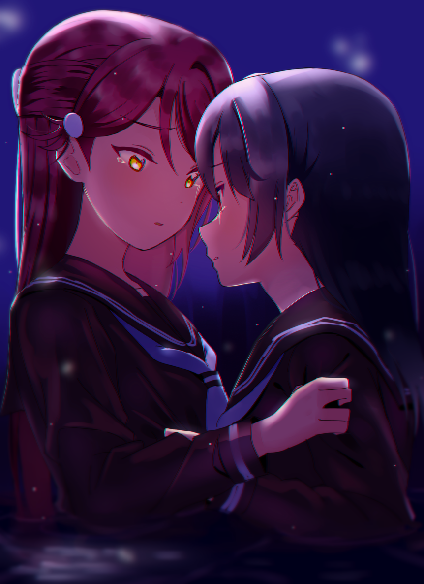 2girls black_serafuku blue_hair chromatic_aberration clenched_teeth crying hair_ornament hairclip half_updo hand_on_another's_chest hand_on_another's_shoulder long_hair long_sleeves looking_at_another love_live! love_live!_sunshine!! multiple_girls neckerchief night outdoors parted_lips red_hair sakurauchi_riko school_uniform sellel serafuku teeth tsushima_yoshiko white_neckwear yellow_eyes