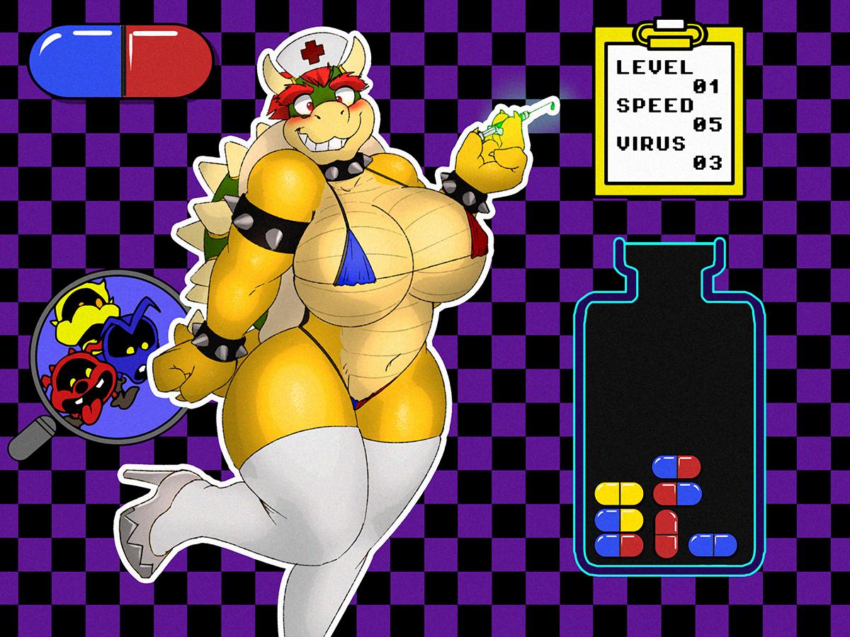 4:3 armband big_breasts bikini blush bowser breasts checkerboard_background choker clothing crossgender curvaceous dr._mario dracojeff dragon female footwear hair hat headgear headwear high_heels horn jewelry koopa legwear magnifying_glass mario_bros multi-coloured_outfit necklace nintendo nurse nurse_hat nurse_uniform puzzle red_eyes red_hair reptile scalie shoes smile spiked_armband spiked_choker swimwear syringe thigh_highs turtle uniform video_games virus wide_hips