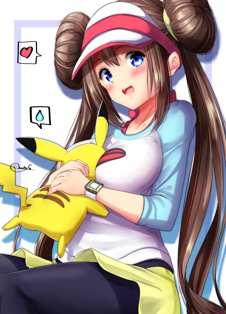 1girl between_breasts black_legwear blue_eyes blush breast_smother breasts brown_hair cleavage double_bun hair_bun heart highres large_breasts legwear_under_shorts looking_at_viewer low_twintails mei_(pokemon) mokufuu pantyhose pikachu pokemon pokemon_(game) pokemon_bw2 shirt shirt_lift short_shorts shorts smile solo sweatdrop thought_bubble twintails visor_cap yellow_shorts