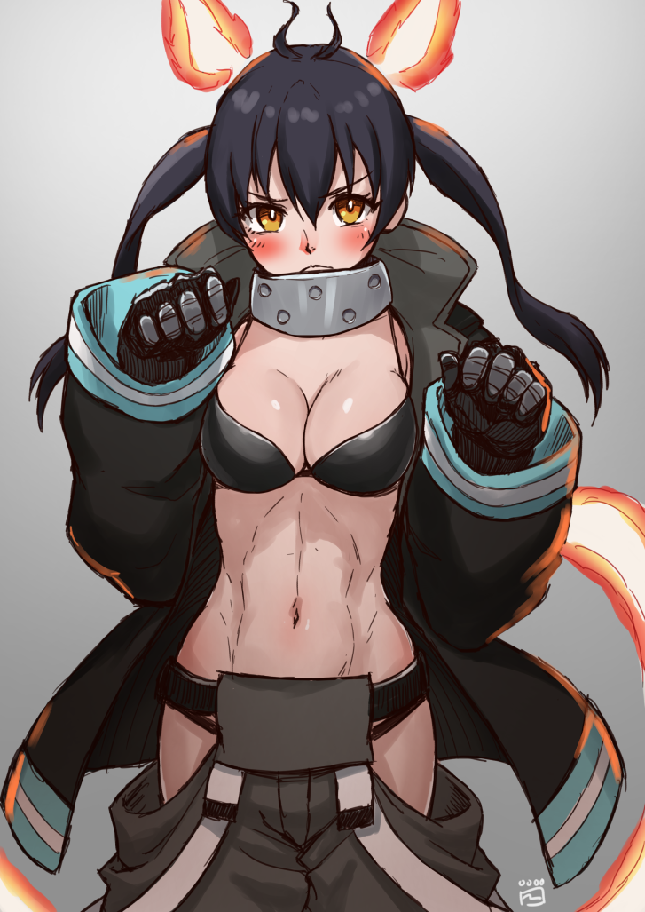 1girl artist_name baggy_pants bikini black_bikini black_bikini_top black_hair blush breasts bright_pupils cleavage closed_mouth commentary embarrassed en'en_no_shouboutai finalcake fire firefighter gloves gradient gradient_background grey_background hair_between_eyes hip_vent jacket looking_at_viewer navel open_clothes open_jacket pants simple_background sketch solo swimsuit tamaki_kotatsu twintails upper_body white_pupils yellow_eyes