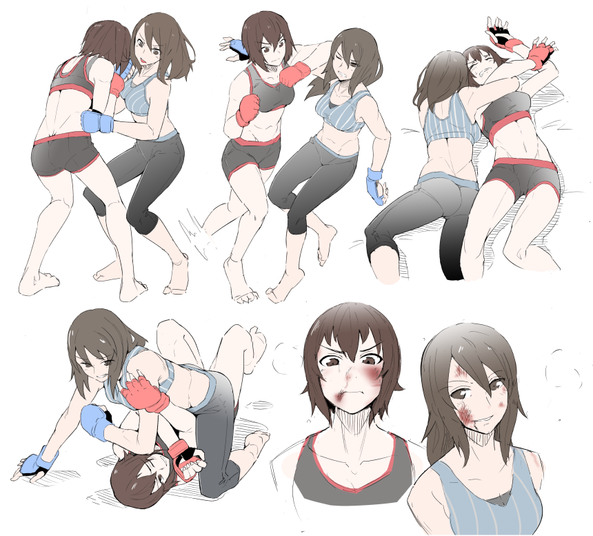 2girls abs arm_triangle_choke barefoot bike_shorts black_bra black_pants black_shorts blue_bra blue_gloves bra brown_eyes brown_hair bruise commentary_request face fingerless_gloves girls_und_panzer gloves injury judo long_hair martial_arts mika_(girls_und_panzer) multiple_girls muscle nexas nishizumi_maho on pants red_gloves short_hair shorts sports_bra striped striped_bra submission_hold tank_top underwear wrestling