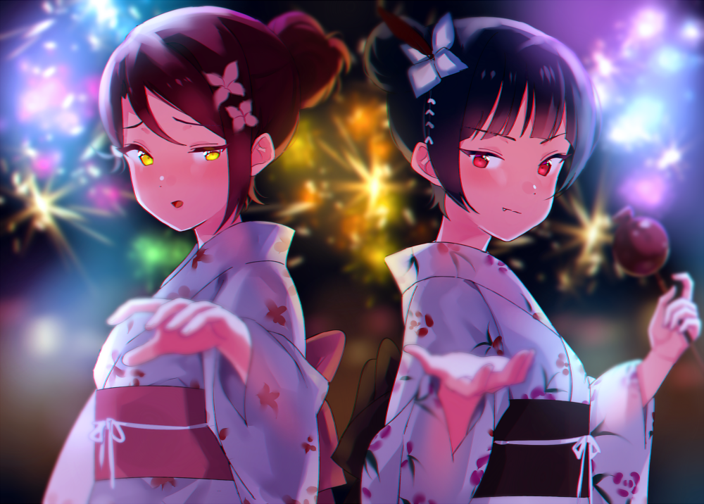 2girls :o alternate_hairstyle back_bow blue_flower blue_hair blurry bow candy_apple depth_of_field fang feathers festival fireworks flower food hair_bun hair_feathers hair_flower hair_ornament hair_up holding holding_food japanese_clothes kimono looking_at_viewer love_live! love_live!_sunshine!! multiple_girls night obi outdoors outstretched_hand pink_flower red_eyes red_hair sakurauchi_riko sash sellel tsushima_yoshiko upper_body v-shaped_eyebrows yellow_eyes