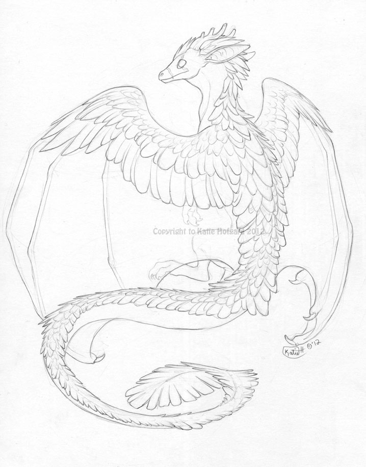 2012 ambiguous_gender claws dragon feathered_dragon feathered_wings feathers horn katie_hofgard membrane_(anatomy) membranous_wings sketch traditional_media_(artwork) wings