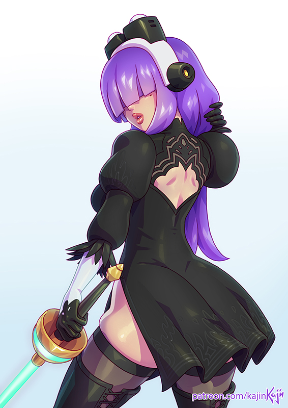 1girl android bangs black_dress black_legwear blue_background blunt_bangs breasts cosplay dark_skin dress gradient gradient_background hair_over_eyes hand_in_hair headgear hime_cut juliet_sleeves kajin_(kajinman) large_breasts layer lips long_hair long_sleeves mole mole_under_eye parted_lips puffy_sleeves purple_hair rapier robot_ears rockman rockman_x side_slit simple_background solo sword thighhighs weapon yorha_no._2_type_b yorha_no._2_type_b_(cosplay)