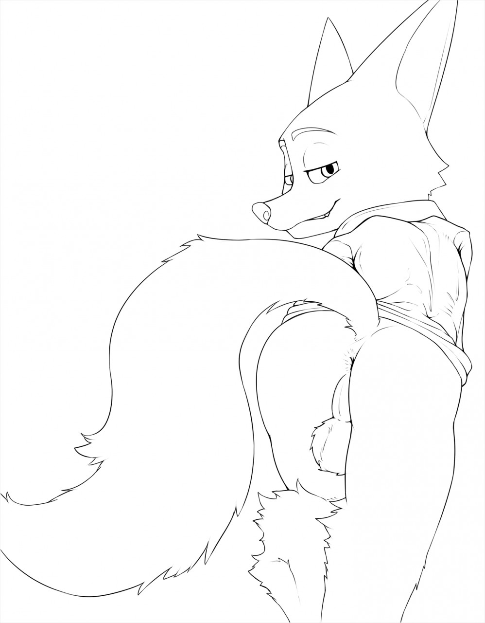 anthro anus backsack balls bottomless butt canid canine clothed clothing disney floorninja fox grin hi_res looking_back male mammal nick_wilde presenting presenting_hindquarters smile solo zootopia