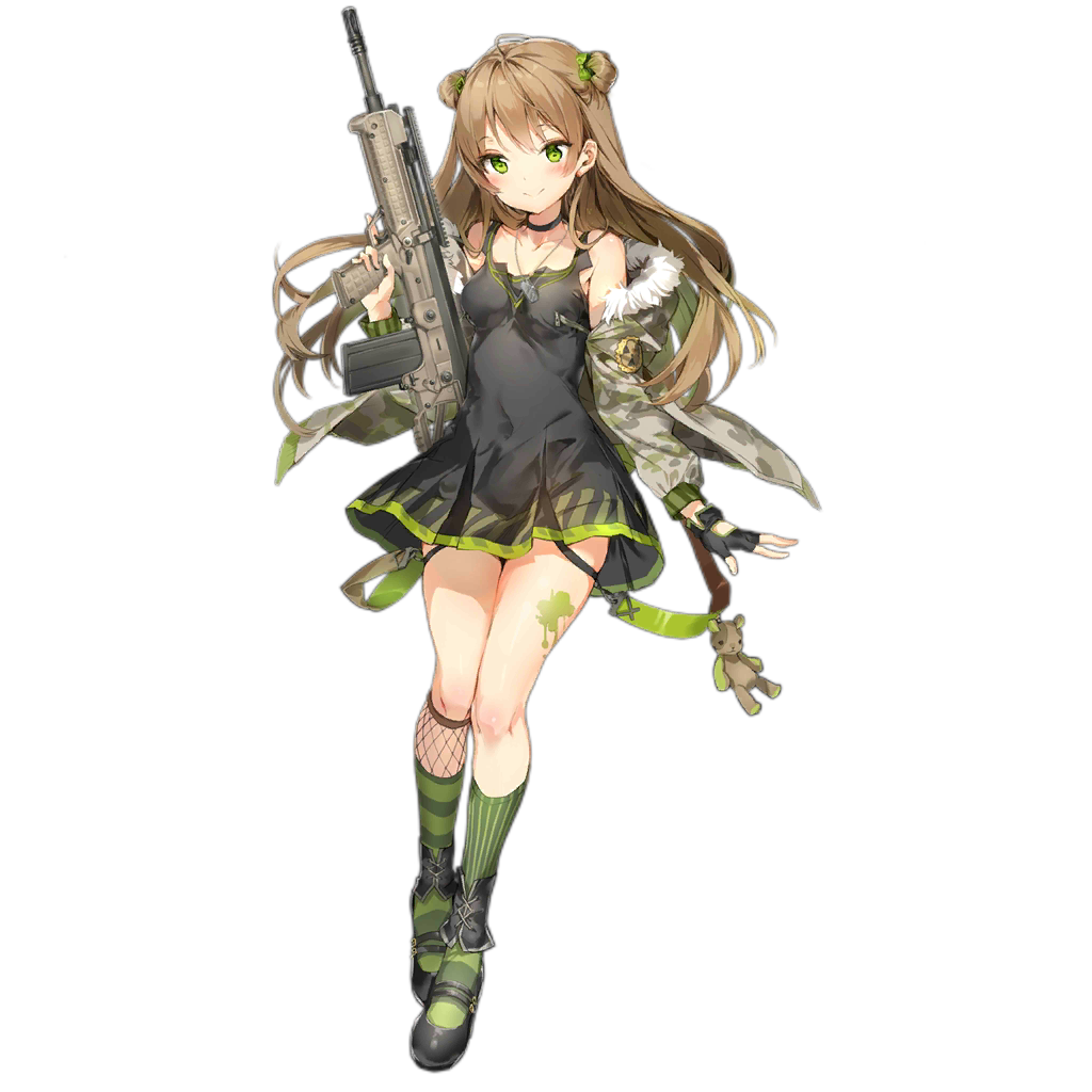 1girl :&gt; ankle_cuffs anmi assault_rifle black_dress black_footwear black_gloves blush bow breasts brown_hair bullpup choker collarbone dog_tags double_bun dress fingerless_gloves fur_trim girls_frontline glint gloves green_eyes gun hair_bow holding holding_gun holding_weapon jacket kel-tec kel-tec_rfb long_hair mary_janes off_shoulder official_art rfb_(girls_frontline) rifle shoes single_glove small_breasts smile socks solo standing striped striped_legwear thigh_strap transparent_background trigger_discipline vertical-striped_legwear vertical_stripes weapon