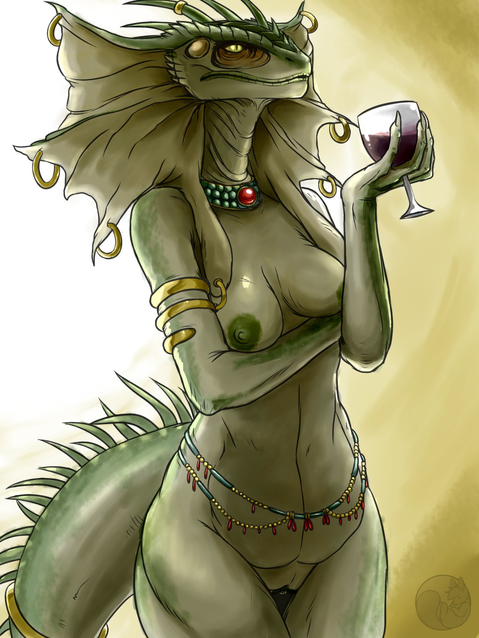 agamid alcohol anthro armlet belly_chain beverage breasts choker claws collaboration collar ear_piercing elder female frill_(anatomy) frill_piercing frilled_lizard furgonomics furry-specific_piercing green_body green_eyes hi_res holding_glass holding_object humanoid_hands humanoid_pussy jewelry kazen101 lizard lizard_queen long_mouth looking_up mature_female membrane_(anatomy) membranous_frill nateday necklace nipples non-mammal_breasts nude old piercing portrait pussy reptile scalie slit_pupils snout solo standing tail_ring voluptuous waist_accessory watermark white_claws wide_hips wine wine_glass