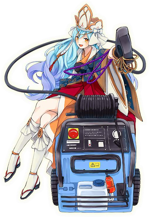 1girl :d bangle beads blue_hair blush bracelet brown_eyes cable dial full_body gradient_hair high_pressure_washer_(ole_tower) japanese_clothes jewelry kneehighs long_hair multicolored_hair official_art ole_tower open_mouth sandals sitting smile solo white_headwear white_legwear wide_sleeves winch