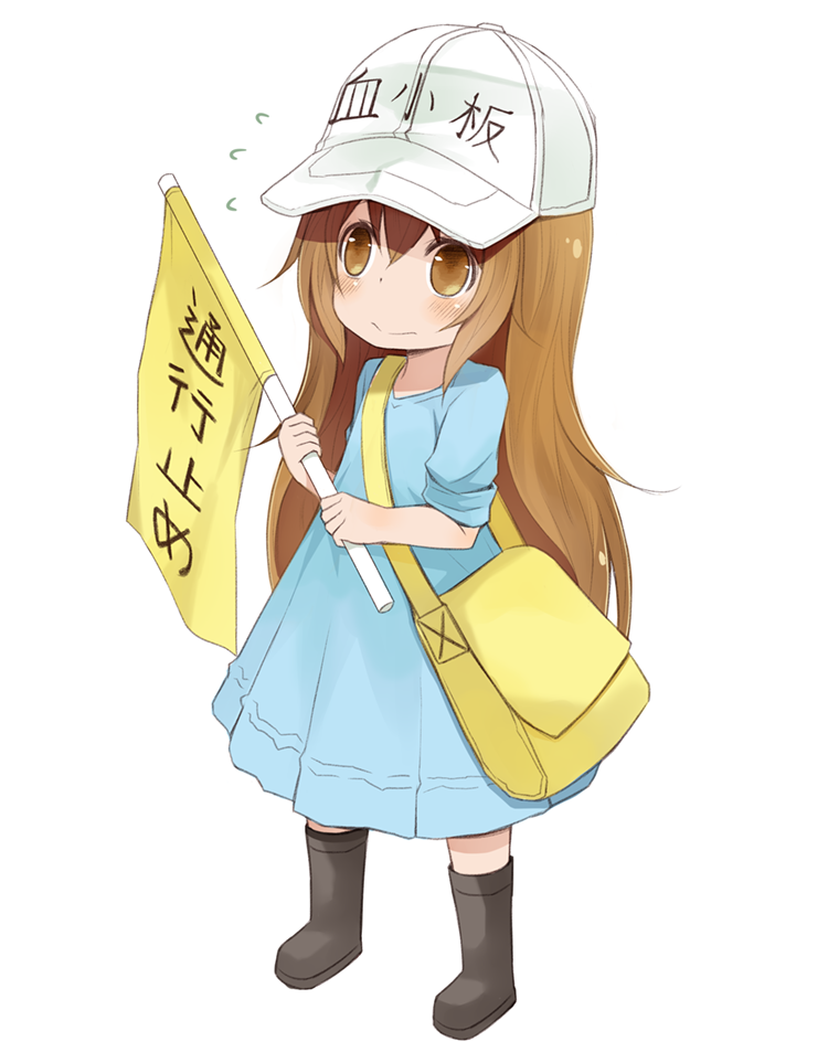 1girl arashiya bag baseball_cap black_footwear blue_dress blush boots brown_eyes brown_hair child dress flag flying_sweatdrops full_body hat hataraku_saibou long_hair platelet_(hataraku_saibou) rubber_boots simple_background solo white_background white_headwear