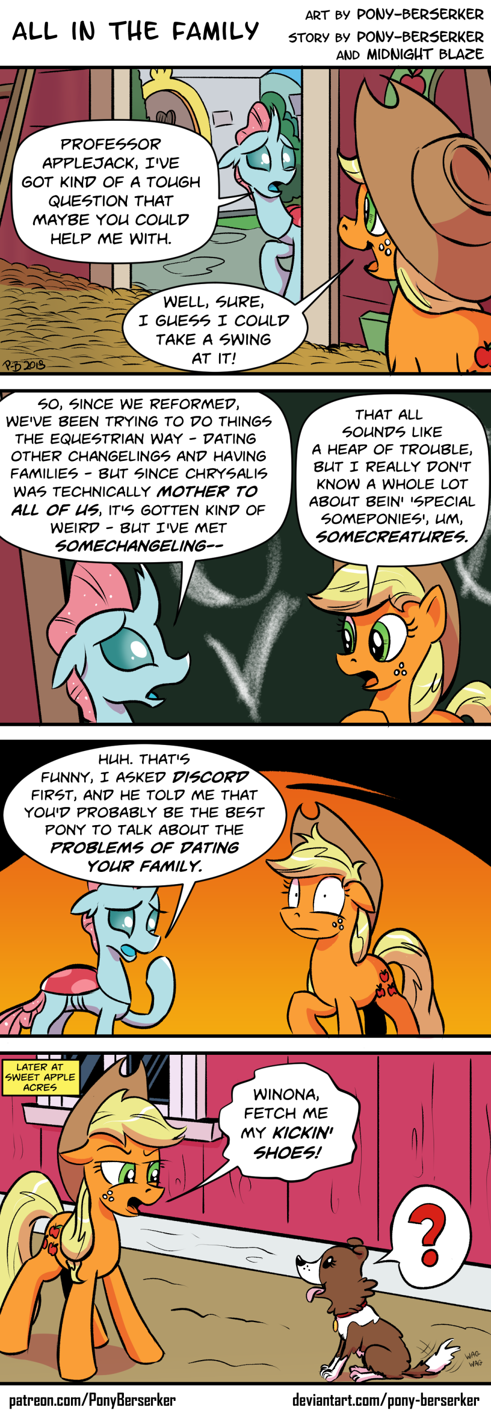 2019 absurd_res applejack_(mlp) arthropod barn canid canine canis changeling clothing comic cowboy_hat dialogue domestic_dog earth_pony english_text equid equine female feral freckles friendship_is_magic group hair hat headgear headwear hi_res horse mammal my_little_pony ocellus_(mlp) outside pony pony-berserker text winona_(mlp)