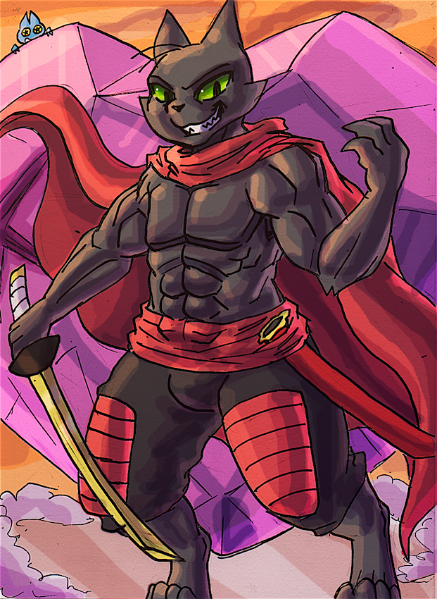 2019 abs adorabat anthro black_fur cape clothing domestic_cat felid feline felis fur gem green_eyes male mammal manpersonguy mao_mao mao_mao_heroes_of_pure_heart melee_weapon mrease muscular smile solo sword weapon