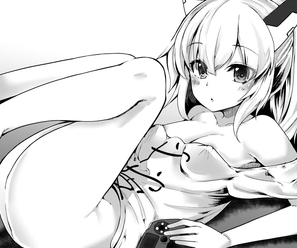 1girl :o areola_slip areolae ass ayanami_(azur_lane) azur_lane bangs bare_legs bare_shoulders bottomless breasts cleavage commentary_request controller covered_nipples eyebrows_visible_through_hair eyes_visible_through_hair feet_out_of_frame greyscale hair_between_eyes headgear holding_controller legs_folded looking_at_viewer lying medium_hair monochrome on_back open_mouth ponytail sidelocks small_breasts solo takara_akihito