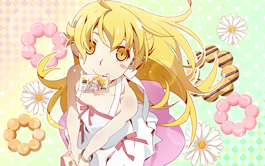 1girl bangs bare_shoulders blonde_hair blush_stickers bracelet collarbone credit_card doughnut dress flower food from_above hair_between_eyes hair_spread_out holding jewelry lens_flare long_hair looking_at_viewer monogatari_(series) monogatari_series_puc_puc mouth_hold official_art oshino_shinobu pastry_box shiny shiny_hair shiny_skin solo sundress sunflower very_long_hair watanabe_akio white_dress yellow_eyes