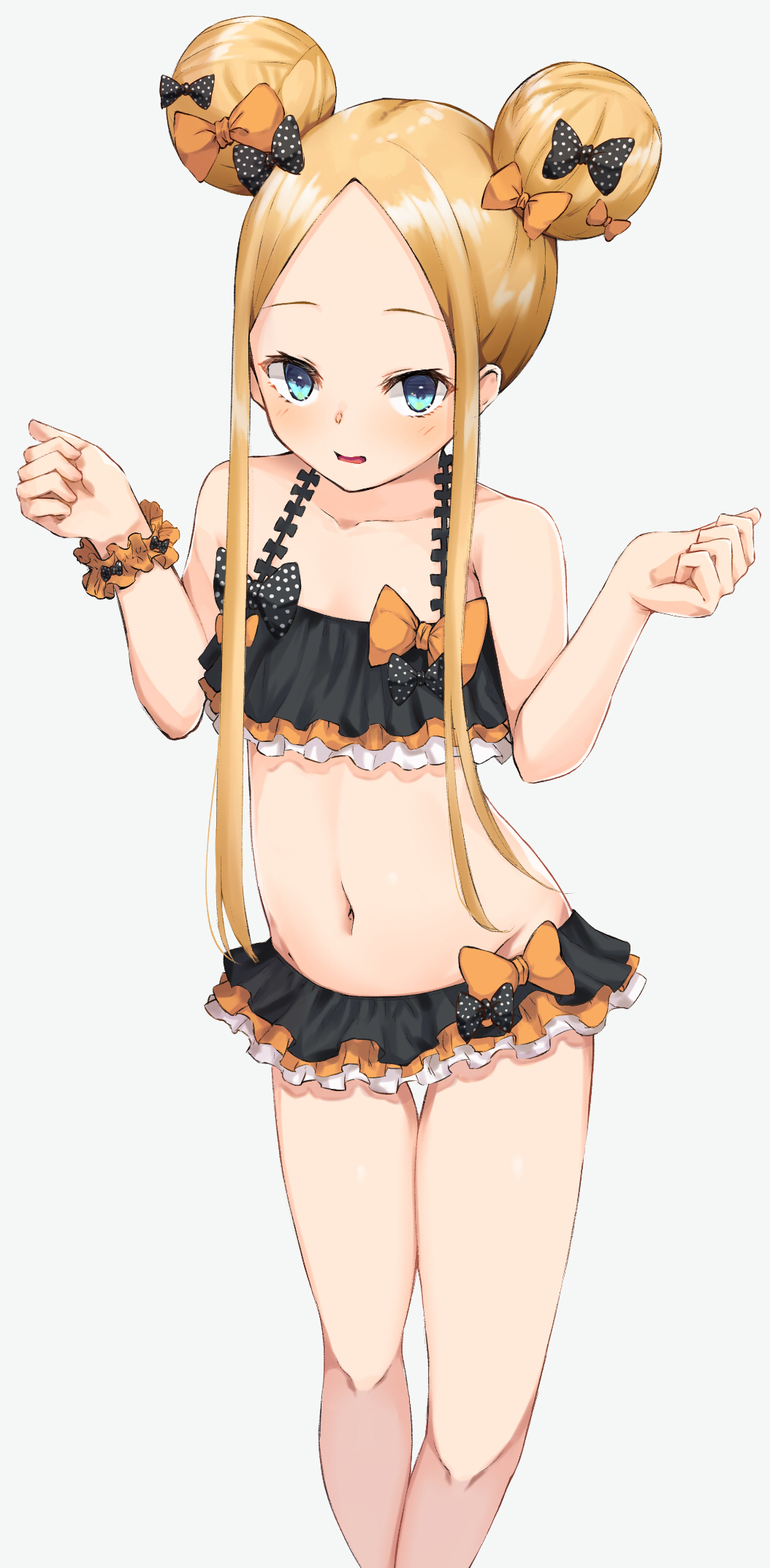 1girl abigail_williams_(fate/grand_order) bangs bao_(s_888) bare_shoulders bikini black_bikini black_bow blonde_hair blue_eyes blush bow breasts collarbone double_bun emerald_float fate/grand_order fate_(series) forehead frilled_bikini frills hair_bow highres long_hair looking_at_viewer multiple_bows navel open_mouth orange_bow parted_bangs polka_dot polka_dot_bow scrunchie simple_background small_breasts solo swimsuit thighs white_background wrist_scrunchie
