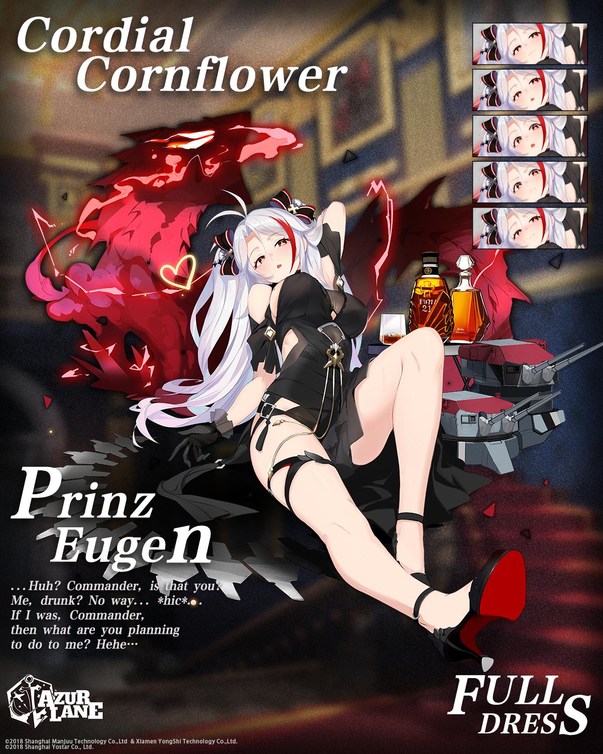 1girl alcohol alternate_costume ankle_strap antenna_hair azur_lane bangs black_bow black_dress black_footwear black_gloves blush bottle bow breasts brown_eyes cannon character_name dress expressions eyebrows_visible_through_hair gloves gold_trim hair_between_eyes hair_bow head_tilt heart high_heels highres large_breasts lightning logo long_hair looking_at_viewer mole mole_on_breast multicolored_hair official_art open_mouth prinz_eugen_(azur_lane) prinz_eugen_(cordial_cornflower)_(azur_lane) realmbw reclining red_hair rigging sidelocks silver_hair silver_trim smile solo streaked_hair thighs turret two_side_up very_long_hair watermark