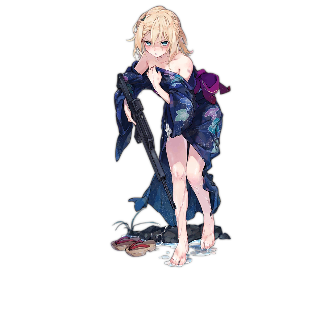 1girl alternate_costume alternate_hairstyle assault_rifle bamboo bangs barefoot blonde_hair blue_eyes blue_kimono blush braid breasts damaged eyebrows_visible_through_hair flower g36_(girls_frontline) girls_frontline glaring gradient_hair gun h&amp;k_g36 hair_between_eyes hair_flower hair_ornament heckler_&amp;_koch holding holding_gun holding_weapon japanese_clothes kimono leaning_forward long_hair looking_at_viewer medium_breasts multicolored_hair obi off_shoulder official_art open_mouth rifle sandals sash shoes_removed shuzi sidelocks solo torn_clothes transparent_background trigger_discipline v-shaped_eyebrows weapon wet