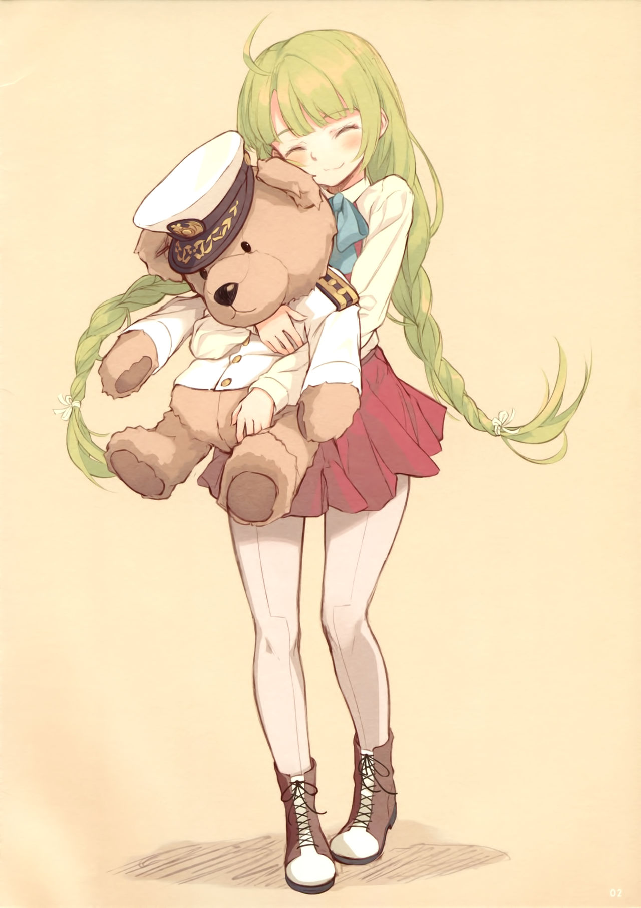 1girl blouse blush boots bow bowtie braid closed_eyes closed_mouth cross-laced_footwear dress epaulettes eyebrows_visible_through_hair full_body green_hair grey_legwear hat highres kantai_collection lace-up_boots long_hair long_sleeves military military_uniform naval_uniform pantyhose peaked_cap pleated_skirt purple_skirt scan school_uniform shirt single_braid skirt smile supertie toy uniform very_long_hair white_blouse white_shirt yuugumo_(kantai_collection)