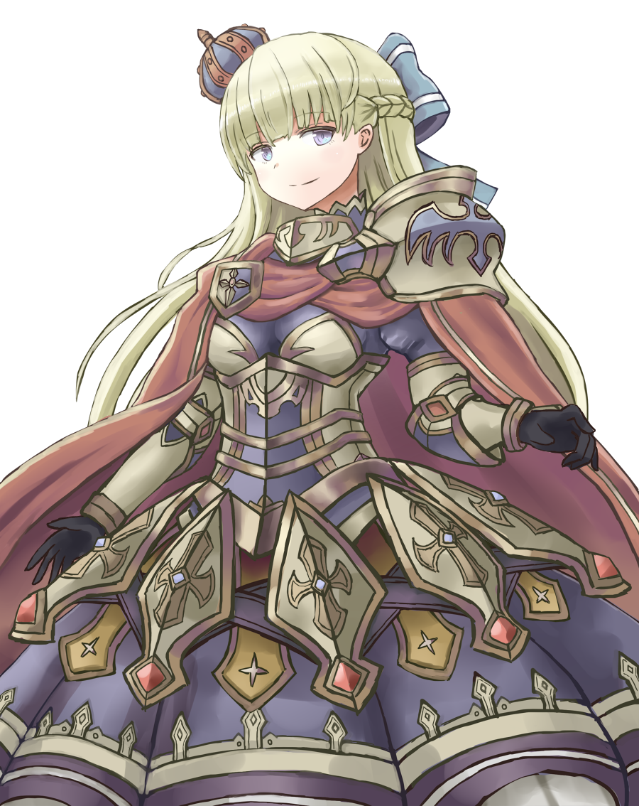 1girl aoiyamagi4 armor bangs blonde_hair blue_bow blue_eyes bow braid breasts cape hair_bow long_hair looking_at_viewer mireille_(sennen_sensou_aigis) red_cape sennen_sensou_aigis simple_background smile solo standing tilted_headwear very_long_hair white_background