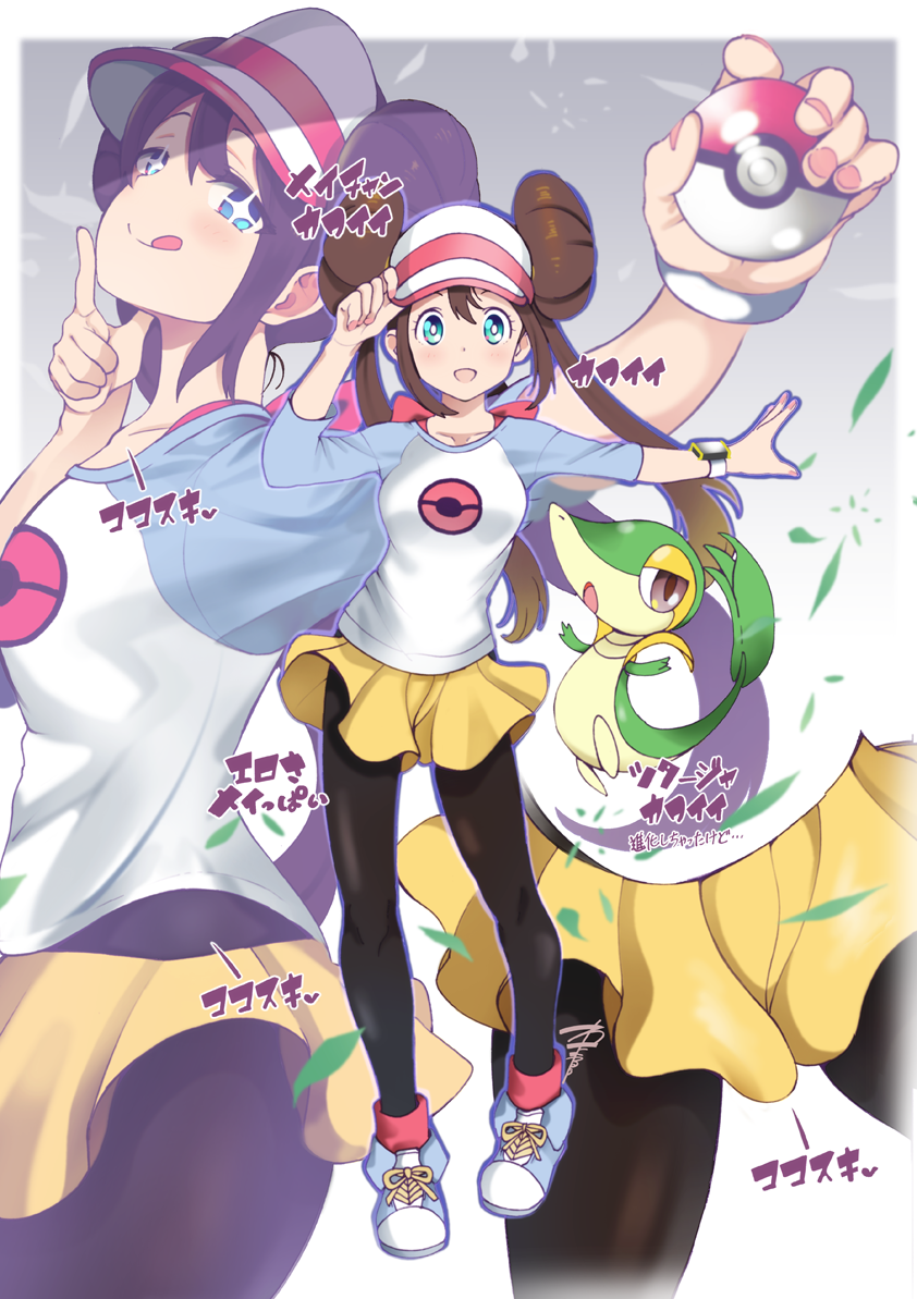 1girl black_legwear blue_eyes blush breasts brown_hair collarbone commentary_request double_bun full_body gen_5_pokemon hat holding large_breasts legwear_under_shorts long_hair looking_at_viewer mei_(pokemon) multiple_views open_mouth pantyhose poke_ball pokemon pokemon_(creature) raglan_sleeves short_shorts shorts smile star star-shaped_pupils symbol-shaped_pupils tongue tongue_out translation_request twintails visor_cap yamasaki_wataru yellow_shorts