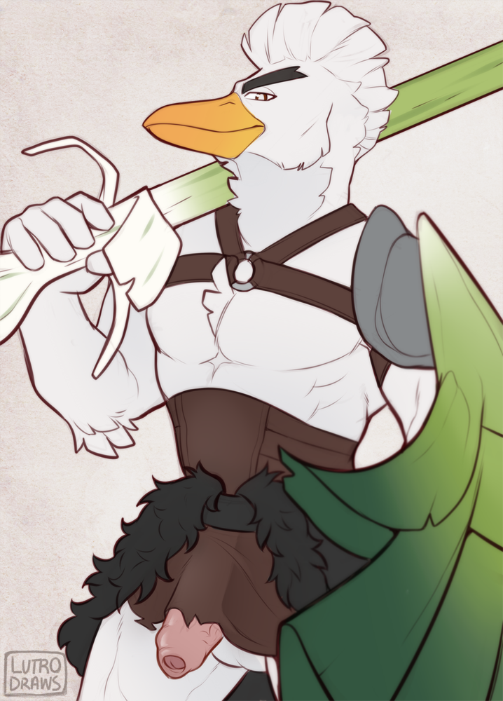 2019 5_fingers anthro anthrofied arm_tuft armor avian balls beak biped bird brown_eyes chest_tuft clothed clothing crest digital_drawing_(artwork) digital_media_(artwork) eyebrows feather_tuft feathered_crest feathers fingers flaccid food front_view fur_trim_(clothing) glans half-length_portrait harness head_tuft holding_food holding_object holding_shield humanoid_hands humanoid_penis improvised_weapon knight leather leather_armor leek light_theme looking_at_viewer male muscular muscular_male muscular_thighs nintendo no_underwear oliver.lutro onion orange_beak pecs penis pink_glans pink_penis plant pok&eacute;mon pok&eacute;mon_(species) pok&eacute;morph portrait shield shoulder_guards simple_background sirfetch'd skimpy smile smirk smug solo standing thick_eyebrows tuft uncut vegetable video_games white_background white_balls white_feathers