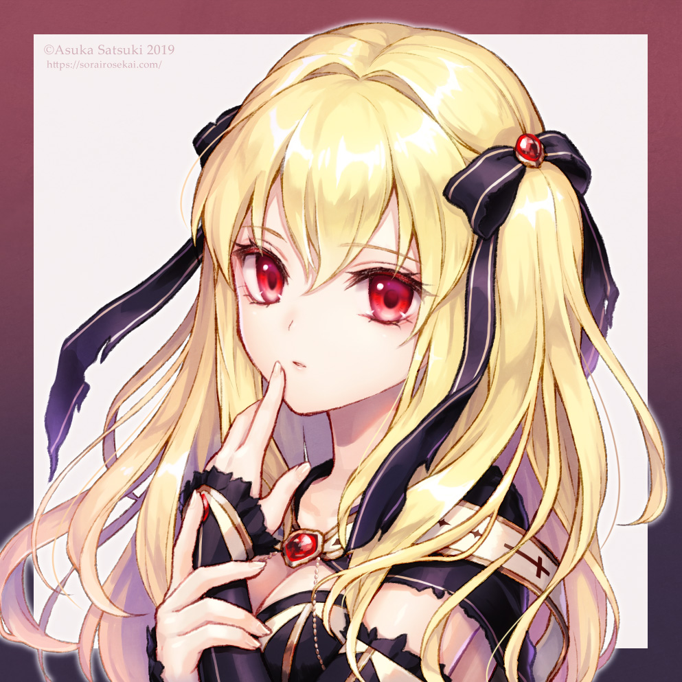 1girl 2019 bangs black_bow black_dress black_sleeves blonde_hair bow breasts cannan cleavage detached_sleeves dress eyebrows_visible_through_hair fingernails hair_between_eyes hair_bow hands_up long_hair long_sleeves looking_at_viewer medium_breasts original parted_lips red_eyes sleeves_past_wrists solo striped striped_bow very_long_hair watermark web_address