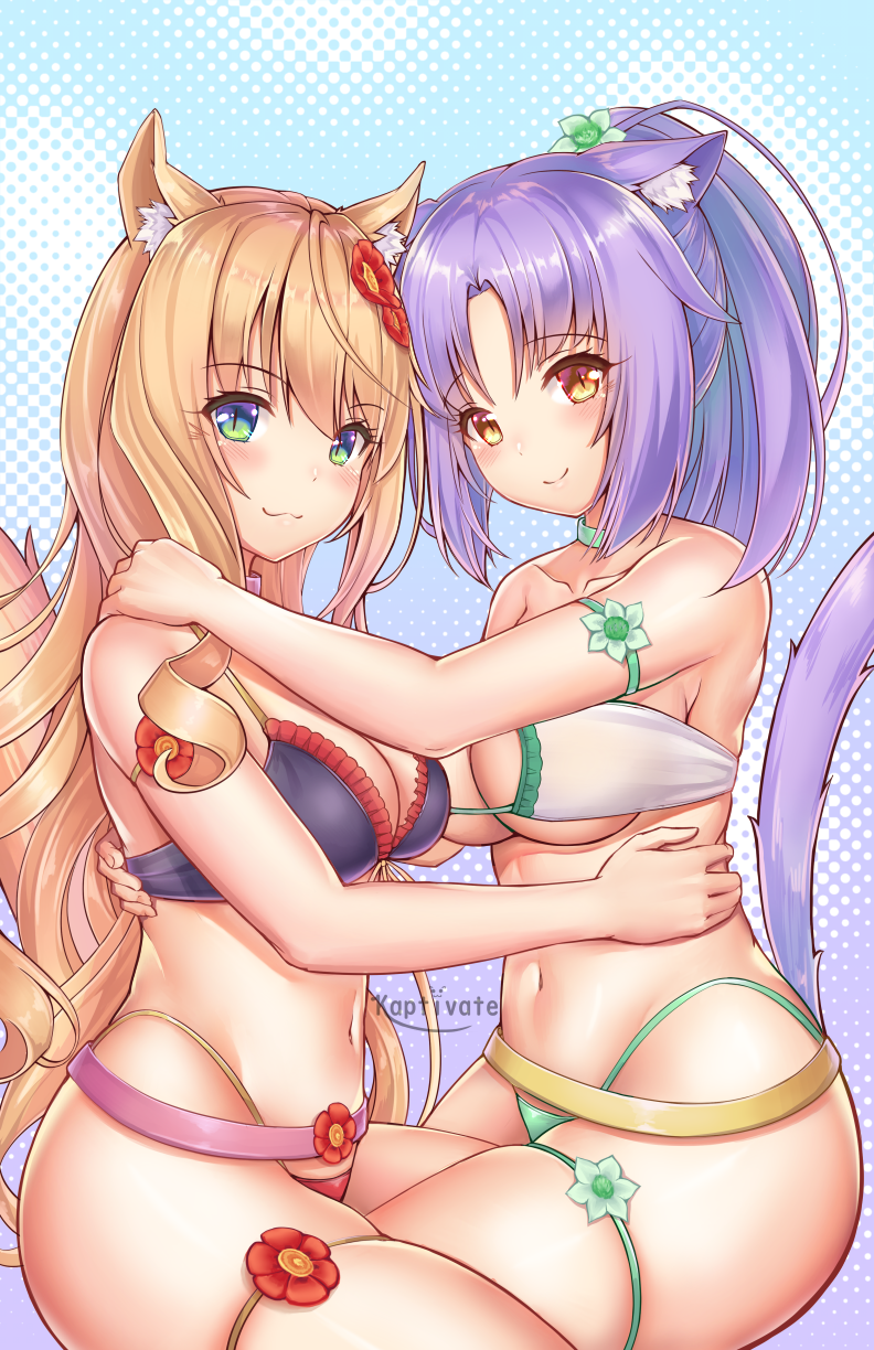 2girls :3 animal_ears artist_name bangs bare_arms bare_shoulders bikini blonde_hair blue_bikini blue_eyes blush breasts cat_ears cat_tail cleavage collarbone commentary_request eyebrows_visible_through_hair flower green_bikini green_eyes green_flower hair_flower hair_ornament highres kaptivate large_breasts long_hair maple_(sayori) multiple_girls navel nekopara ponytail purple_hair red_bikini red_eyes red_flower smile swimsuit tail underboob white_bikini