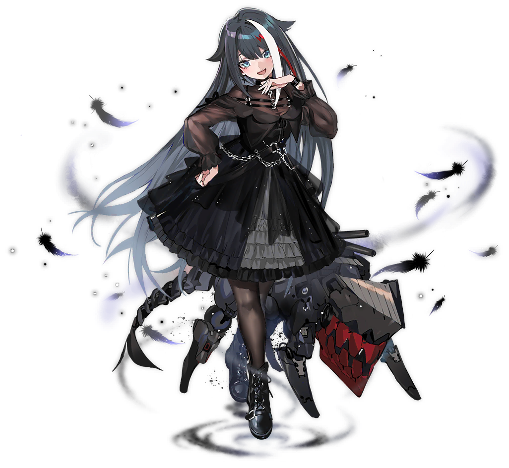1girl :d :o alternate_costume anchor_symbol azur_lane bangs black_dress black_feathers black_footwear black_hair black_legwear blue_eyes blush boots breasts commentary_request cross cross-laced_footwear cross_earrings deutschland_(azur_lane) deutschland_(demon_princess'_dark_hour_banquet)_(azur_lane) dress earrings english_text feathers frilled_dress frills hand_on_hip hand_up jewelry lace-up_boots long_hair long_sleeves looking_at_viewer machinery multicolored_hair official_art open_mouth pantyhose parted_lips puffy_long_sleeves puffy_sleeves ran_(pixiv2957827) red_hair see-through small_breasts smile solo standing streaked_hair tachi-e transparent_background very_long_hair white_hair