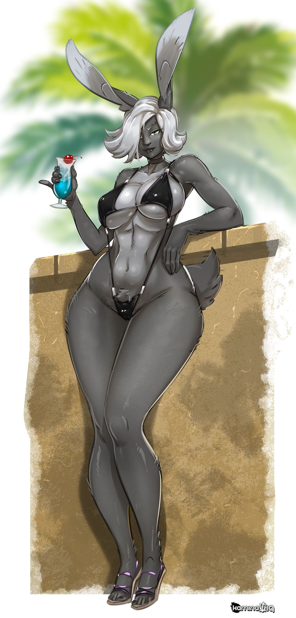 2019 5_fingers 5_toes anthro beverage big_breasts black_fur black_lips black_nose blue_eyes breasts cherry choker cleavage clothed clothing female fingers food footwear fruit fur hair hi_res high_heels hollandworks humanoid_face jewelry kamina1978 lagomorph leporid lips looking_at_viewer mammal navel necklace one-piece_swimsuit outside palm_tree plant plantigrade pubes rabbit sandals shoes short_hair silver_hair smile swimwear thick_thighs toes tree voluptuous white_hair wide_hips