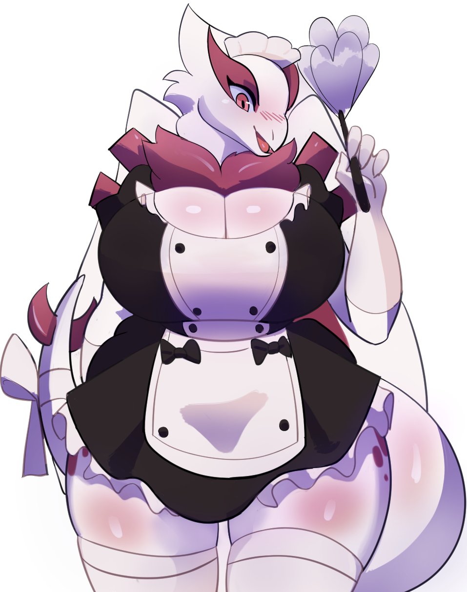 anthro big_breasts blush breasts clothing female hi_res hyenahonk legendary_pok&eacute;mon legwear lugia maid_uniform nintendo pok&eacute;mon pok&eacute;mon_(species) pok&eacute;morph simple_background smile solo squish standing stockings thick_thighs thigh_highs thigh_squish uniform video_games voluptuous wide_hips