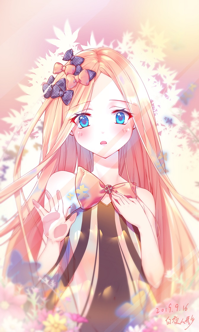 1girl abigail_williams_(fate/grand_order) bangs bare_shoulders black_bow blonde_hair blue_eyes blush bow bug butterfly commentary_request dated dress eyebrows_visible_through_hair eyes_visible_through_hair fate/grand_order fate_(series) hair_bow insect long_hair looking_at_viewer orange_bow parted_bangs polka_dot polka_dot_bow sakurabakoori solo very_long_hair white_dress