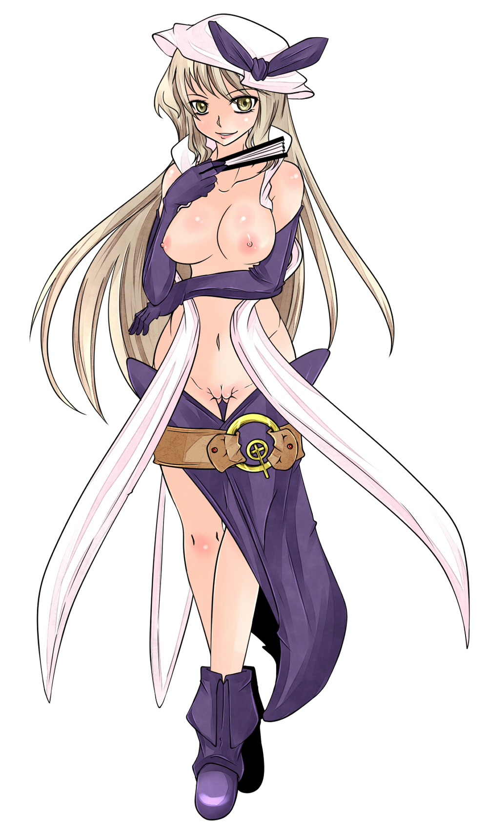 alternate_costume aoshima blonde_hair breasts elbow_gloves fan gloves hat highres large_breasts long_hair navel nipples nude pussy solo touhou uncensored watatsuki_no_toyohime yellow_eyes