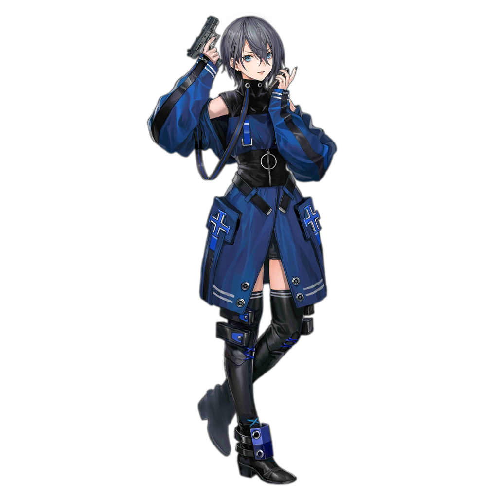 1girl ankle_guards baggy_clothes bangs black_legwear blue_coat blue_eyes boots breasts coat corset earrings eyebrows_visible_through_hair full_body girls_frontline grey_hair gun hair_between_eyes handgun holding holding_gun holding_magazine_(weapon) holding_weapon infukun jewelry long_sleeves looking_at_viewer magazine_(weapon) official_art p22_(girls_frontline) parted_lips short_hair shoulder_cutout sidelocks skindentation sleeves_past_wrists smile solo standing standing_on_one_leg strap stud_earrings thigh_boots thighhighs transparent_background trigger_discipline turtleneck walther_p22 watermark weapon zipper