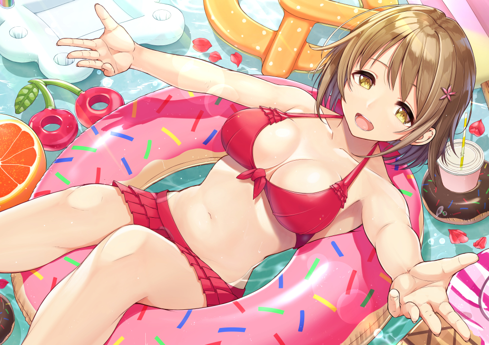1girl :d bangs bare_arms bare_legs bikini bikini_skirt breasts breasts_apart brown_hair cleavage collarbone cup disposable_cup flower frilled_bikini frills front-tie_bikini front-tie_top hair_flower hair_ornament idolmaster idolmaster_cinderella_girls inflatable_raft inflatable_toy innertube large_breasts lying midriff migimaki_(migi_mawashi) mimura_kanako navel on_back open_mouth outstretched_arms partially_submerged petals petals_on_liquid pink_flower pool red_bikini short_hair sidelocks smile soda solo swept_bangs swimsuit tareme teeth yellow_eyes