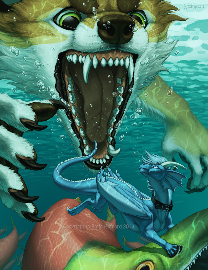 2013 ambiguous_gender anthro black_nose blue_hair canid canine canis claws digital_media_(artwork) domestic_dog dragon feral fish green_eyes group hair horn katie_hofgard mammal marine membrane_(anatomy) membranous_wings open_mouth scales scalie spines teeth tongue western_dragon wings