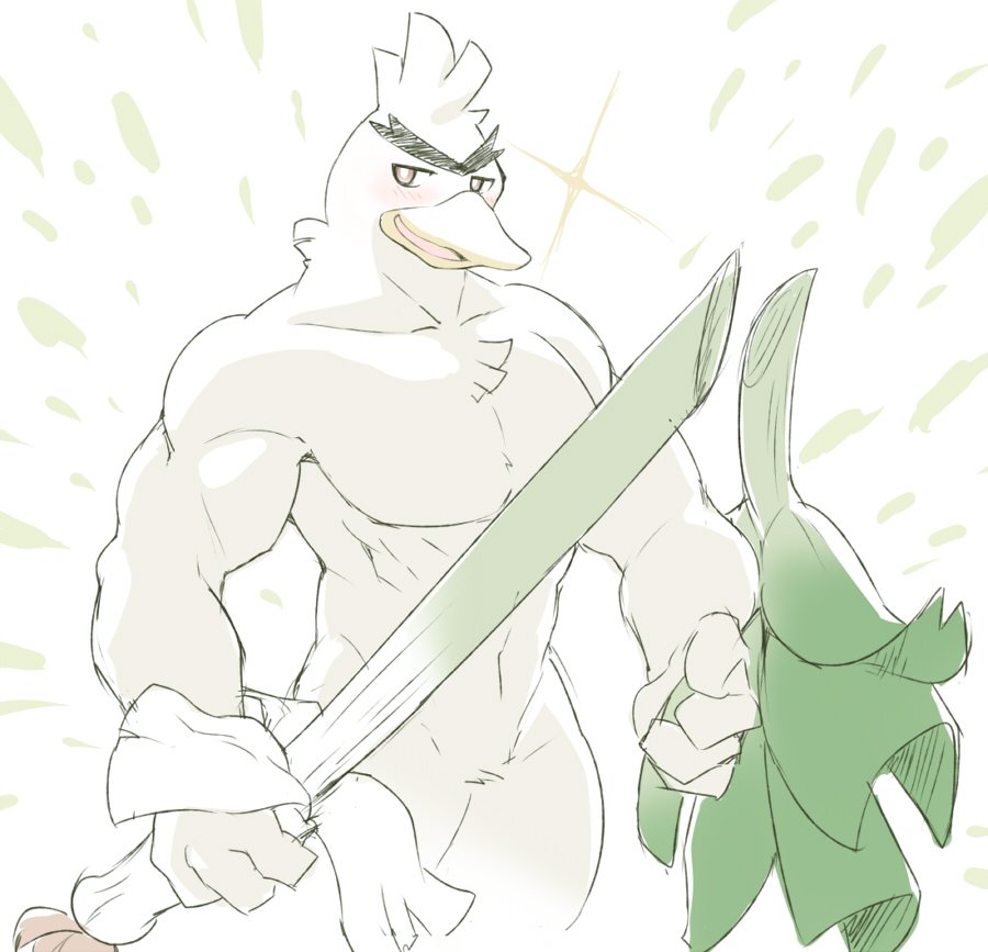 2019 anthro anthrofied avian beak bird blush brown_eyes cotton_(artist) crest eyebrows feather_tuft feathered_crest feathers featureless_crotch fingers food holding_food holding_object improvised_weapon leek male muscular muscular_male nintendo nude onion plant pok&eacute;mon pok&eacute;mon_(species) pok&eacute;morph shield simple_background sirfetch'd solo standing tuft vegetable video_games white_feathers yellow_beak