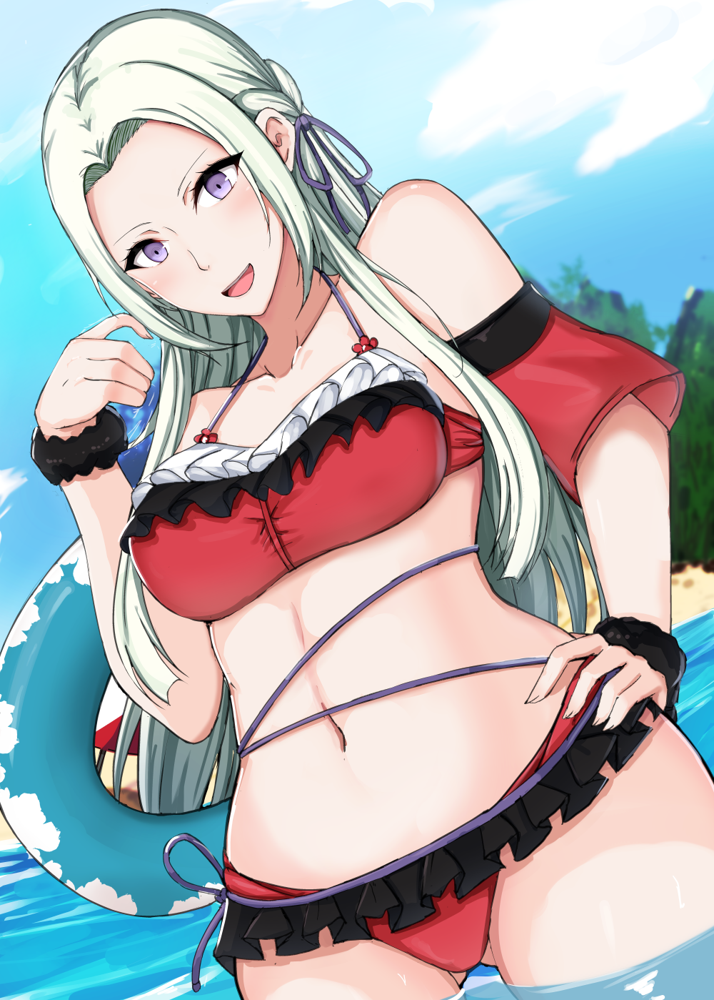 1girl :d ass_visible_through_thighs bare_shoulders beach bikini blue_sky blush chiyo_(pk19981234) cloud collarbone cowboy_shot detached_sleeves edelgard_von_hresvelg fire_emblem fire_emblem:_three_houses hair_ribbon hand_on_hip highres innertube long_hair looking_at_viewer looking_down navel ocean open_mouth partially_submerged purple_eyes red_bikini ribbon short_sleeves silver_hair sky smile solo swimsuit teeth wrist_cuffs