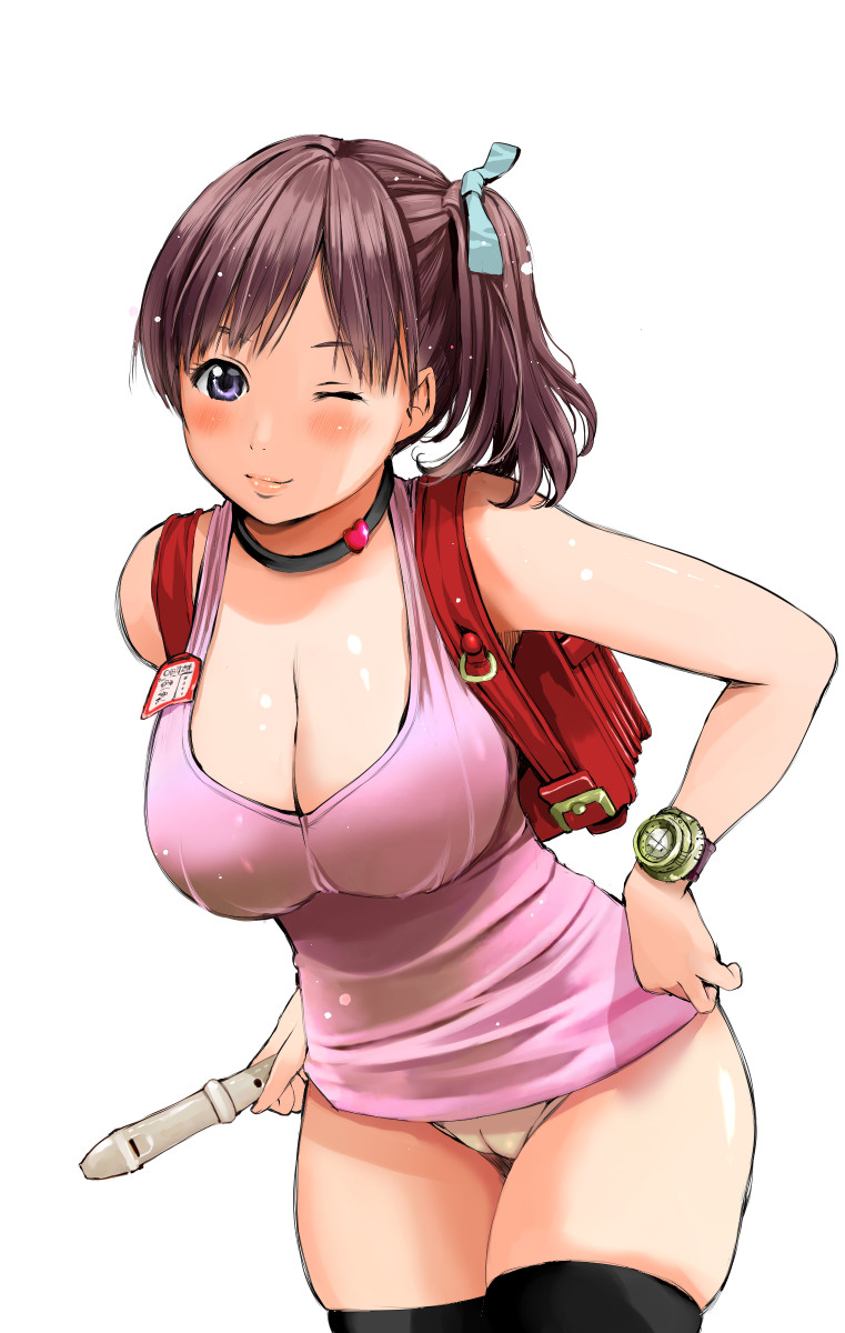 1girl backpack bag bangs black_legwear blue_eyes blush breasts brown_hair cameltoe choker cleavage cowboy_shot heart heart_choker highres large_breasts looking_at_viewer no_pants one_eye_closed original panties parted_bangs randoseru shirt short_hair side_ponytail smile solo thighhighs togusa_masamu underwear watch wet wet_clothes wet_hair wet_shirt white_background white_panties wristwatch