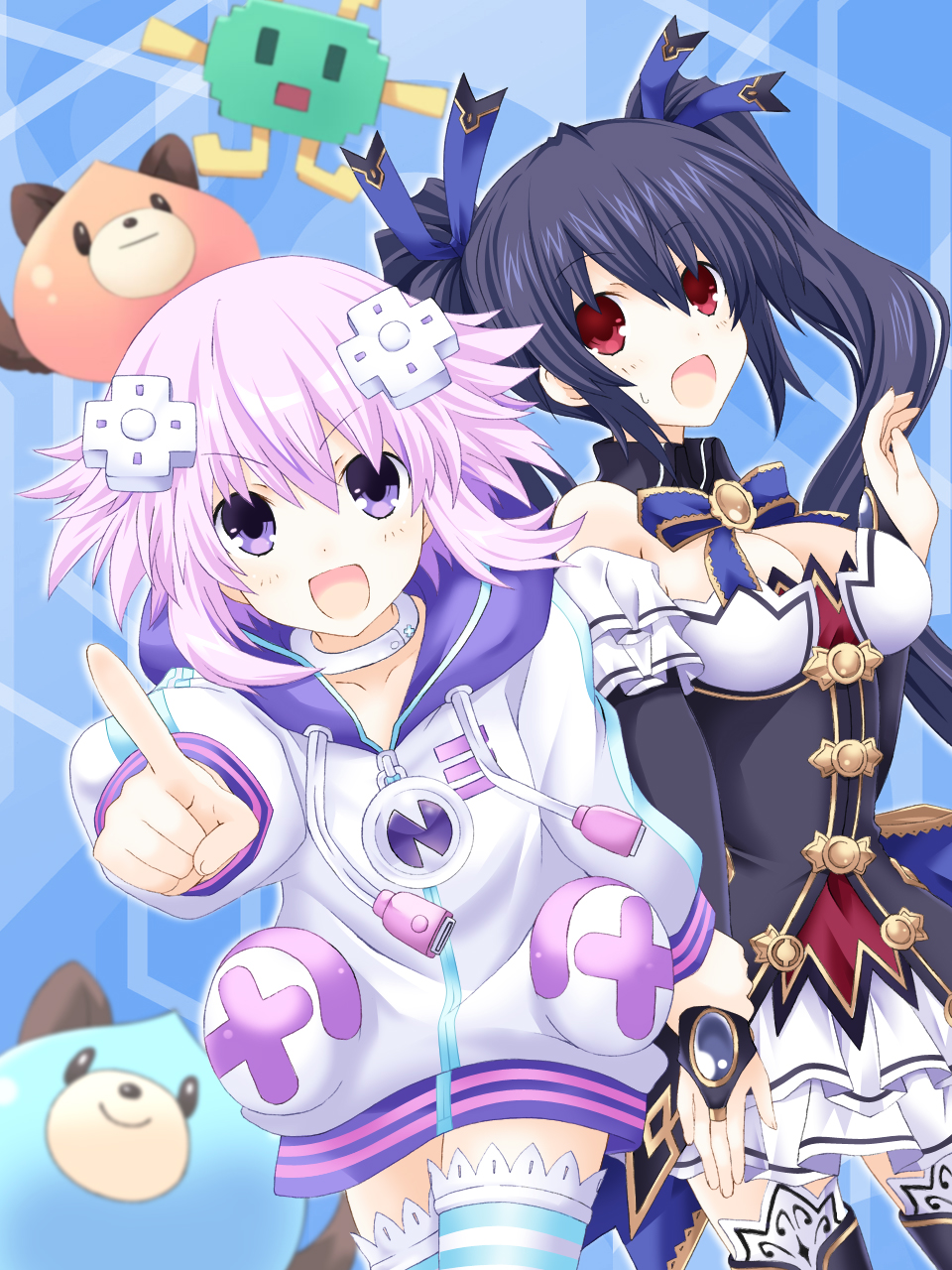 2girls bare_shoulders black_hair blush breasts choker cleavage d-pad d-pad_hair_ornament detached_sleeves dogoo dress frilled_dress frilled_sleeves frills hair_ornament highres hood hooded_track_jacket jacket kagura_ittou large_breasts long_hair looking_at_viewer multiple_girls neptune_(neptune_series) neptune_(series) noire open_mouth pointing pointing_at_viewer purple_eyes purple_hair red_eyes ribbon short_hair smile thighhighs track_jacket twintails