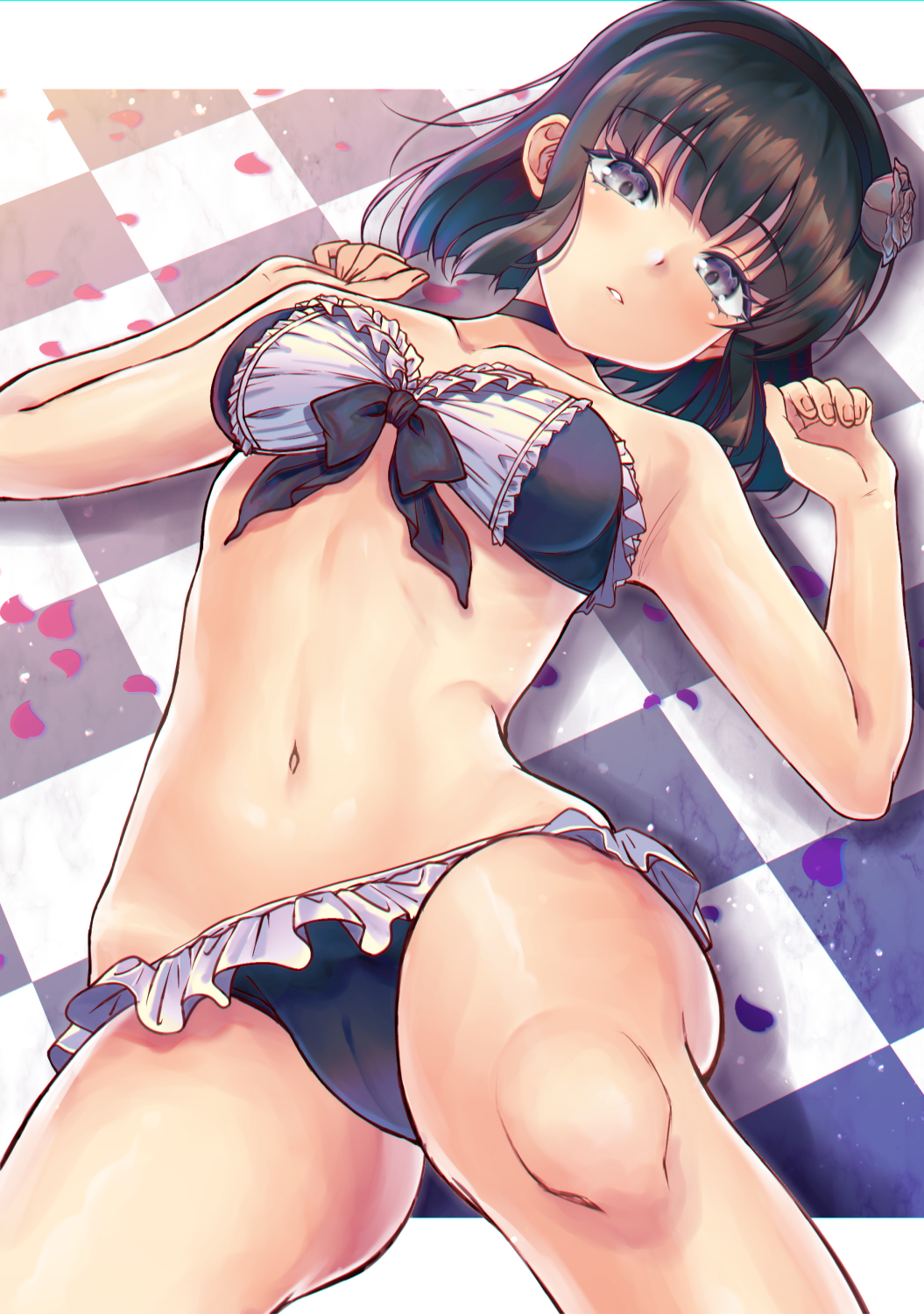 1girl bandeau bangs bare_arms bare_shoulders bishoujo_mangekyou black_bra black_choker black_hair black_hairband black_panties bow bow_bra bra brown_flower brown_rose checkered checkered_floor choker commentary_request dorothy_(bishoujo_mangekyou) eyebrows_visible_through_hair fingernails flower foreshortening frilled_bra frilled_panties frills grey_eyes hair_flower hair_ornament hairband hands_up highres honami_(yths4221) knee_up lying navel on_back panties petals rose shadow solo stomach strapless strapless_bra underwear underwear_only