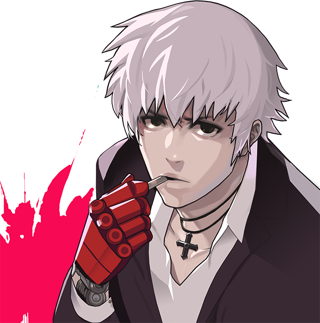 1boy blood blood_splatter brown_eyes cigarette cross cross_necklace formal gloves jewelry k' male_focus necklace pale_skin pink_blood red_glove single_glove smoking solo steward_b suit the_king_of_fighters white_hair