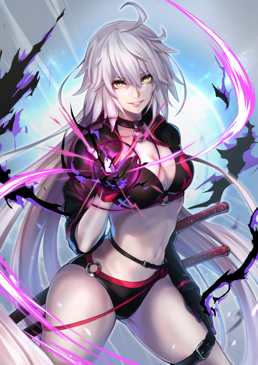 ahoge bikini black_bikini black_choker black_gloves black_jacket breasts choker cleavage commentary cropped_jacket fate/grand_order fate_(series) gloves grey_hair highres jacket jeanne_d'arc_(alter_swimsuit_berserker) jeanne_d'arc_(fate)_(all) katana large_breasts long_hair navel o-ring o-ring_bikini o-ring_bottom o-ring_top purple_flame re_(re_09) revision shrug_(clothing) swimsuit sword thigh_strap weapon yellow_eyes