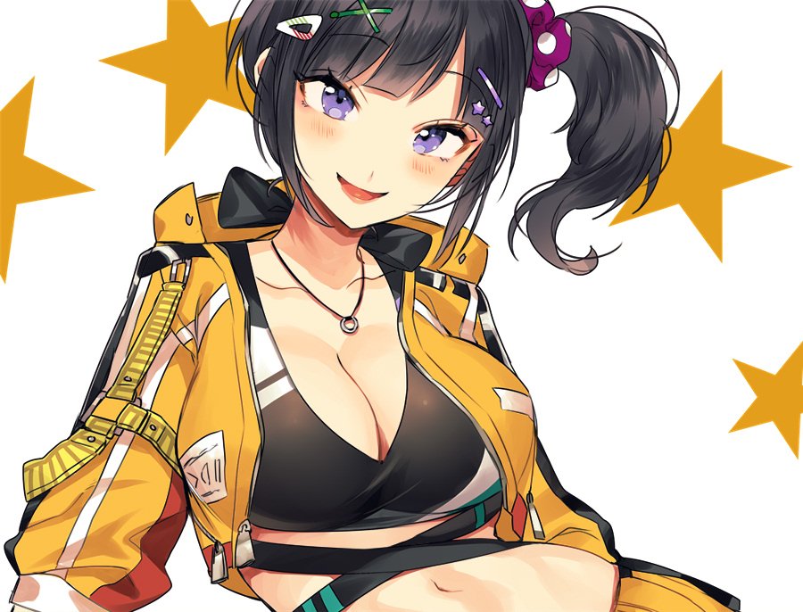 1girl bangs black_hair blush breasts cleavage commentary cropped_jacket hair_ornament hair_scrunchie hayase_sou jacket jewelry kotobuki_(medetai) large_breasts long_sleeves looking_at_viewer navel necklace nijisanji open_mouth purple_eyes scrunchie short_hair side_ponytail smile solo sports_bra star upper_body virtual_youtuber yellow_jacket