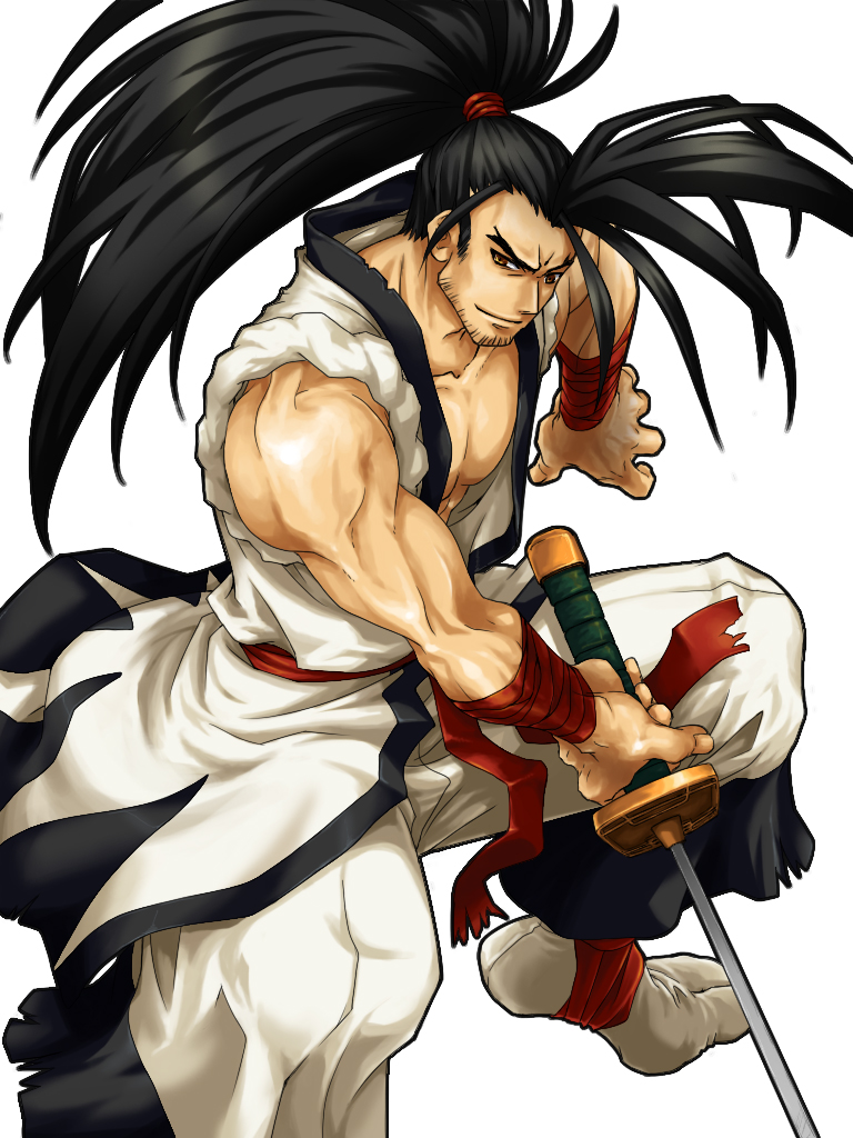 1boy bare_shoulders black_hair facial_hair haoumaru japanese_clothes katana long_hair muscle mystic9904 ponytail samurai_spirits smile solo stubble sword tabi weapon wrist_wrap