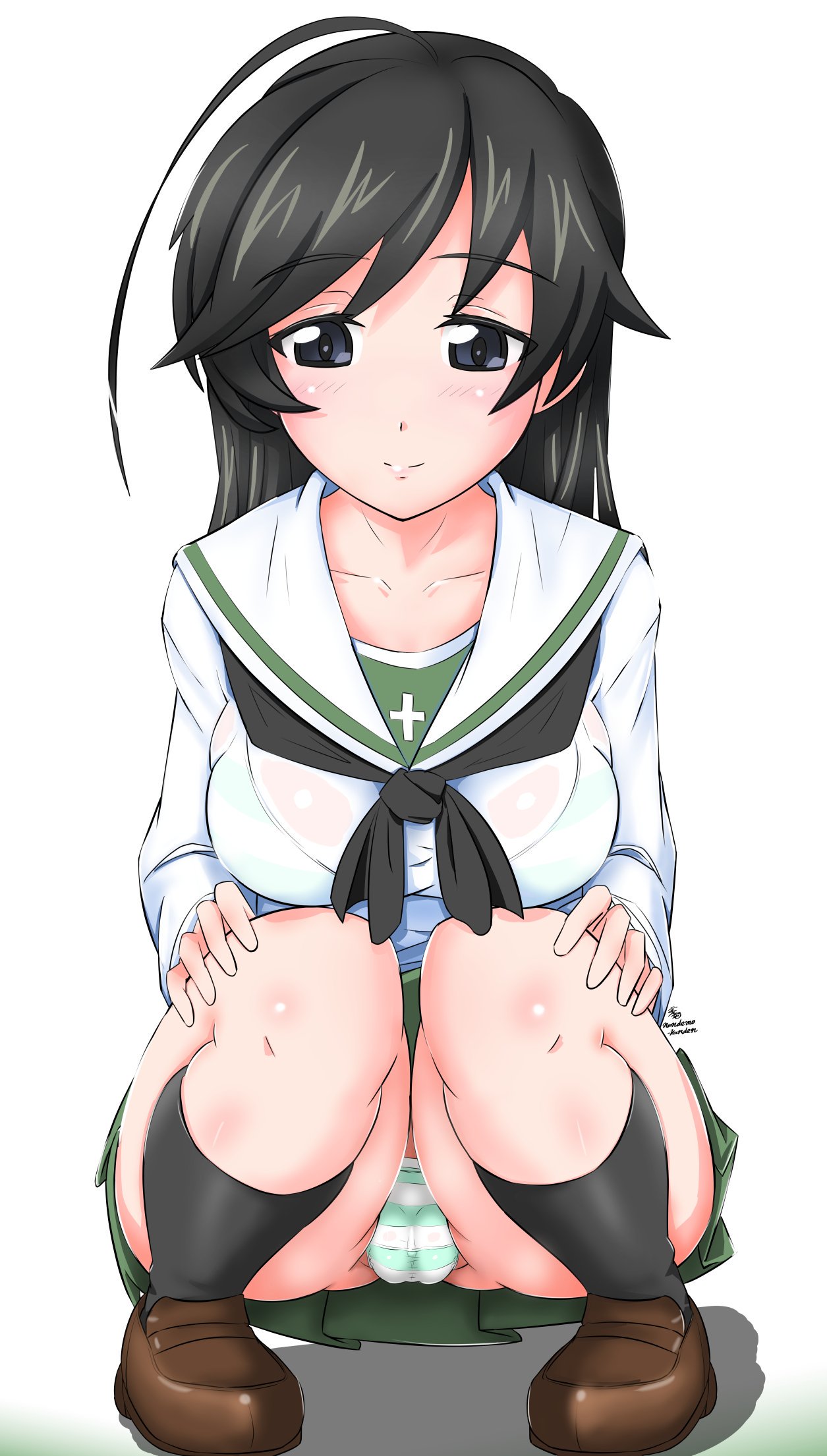 1girl ahoge black_hair blue_eyes blush bra breasts cameltoe closed_mouth collarbone eyebrows_visible_through_hair girls_und_panzer green_skirt groin highres isuzu_hana large_breasts looking_at_viewer nandemo_kanden ooarai_school_uniform panties pantyshot pantyshot_(squatting) school_uniform see-through shiny shiny_hair shiny_skin simple_background skirt smile solo squatting striped striped_bra striped_panties underwear white_background